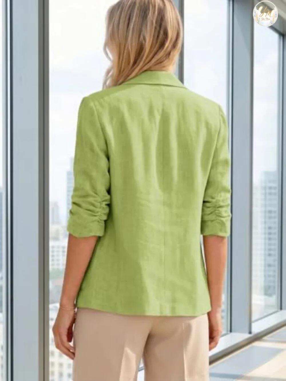 Women's Linen Blazer - Lightweight 3/4 Sleeve Ruched, Notch Lapel, Pockets